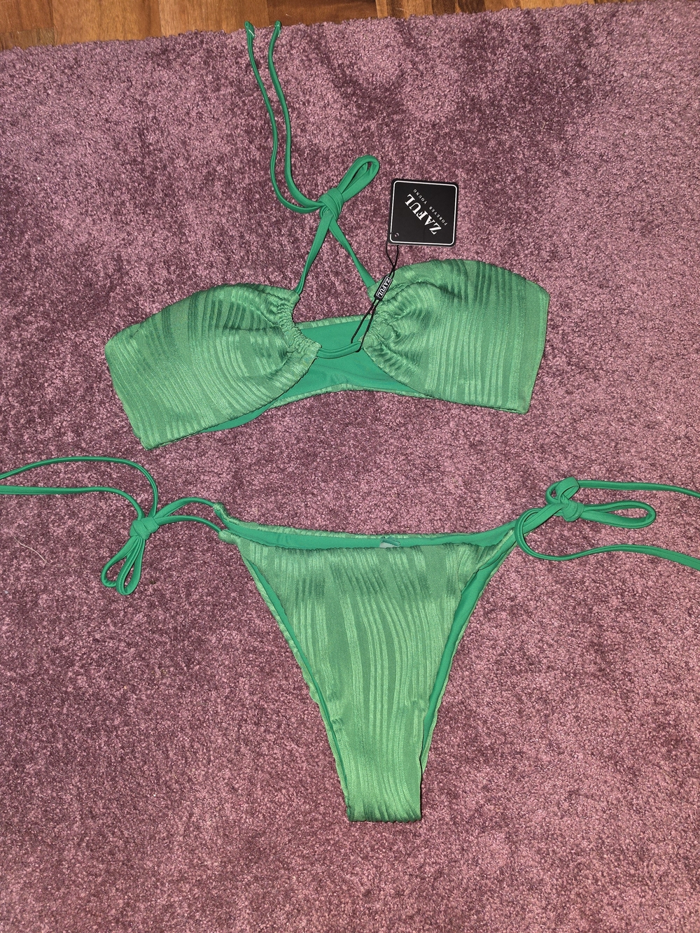 Zaful Emerald Green Ribbed Tie-Side Bikini